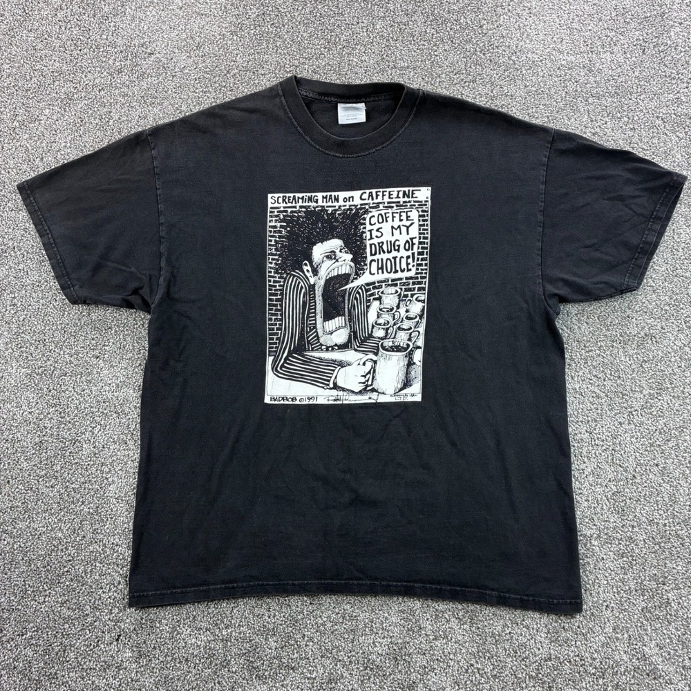 Vintage Screaming Man Caffeine Bad Bob Shirt Mens XL Black Coffee Art 1991 - Picture 1 of 6